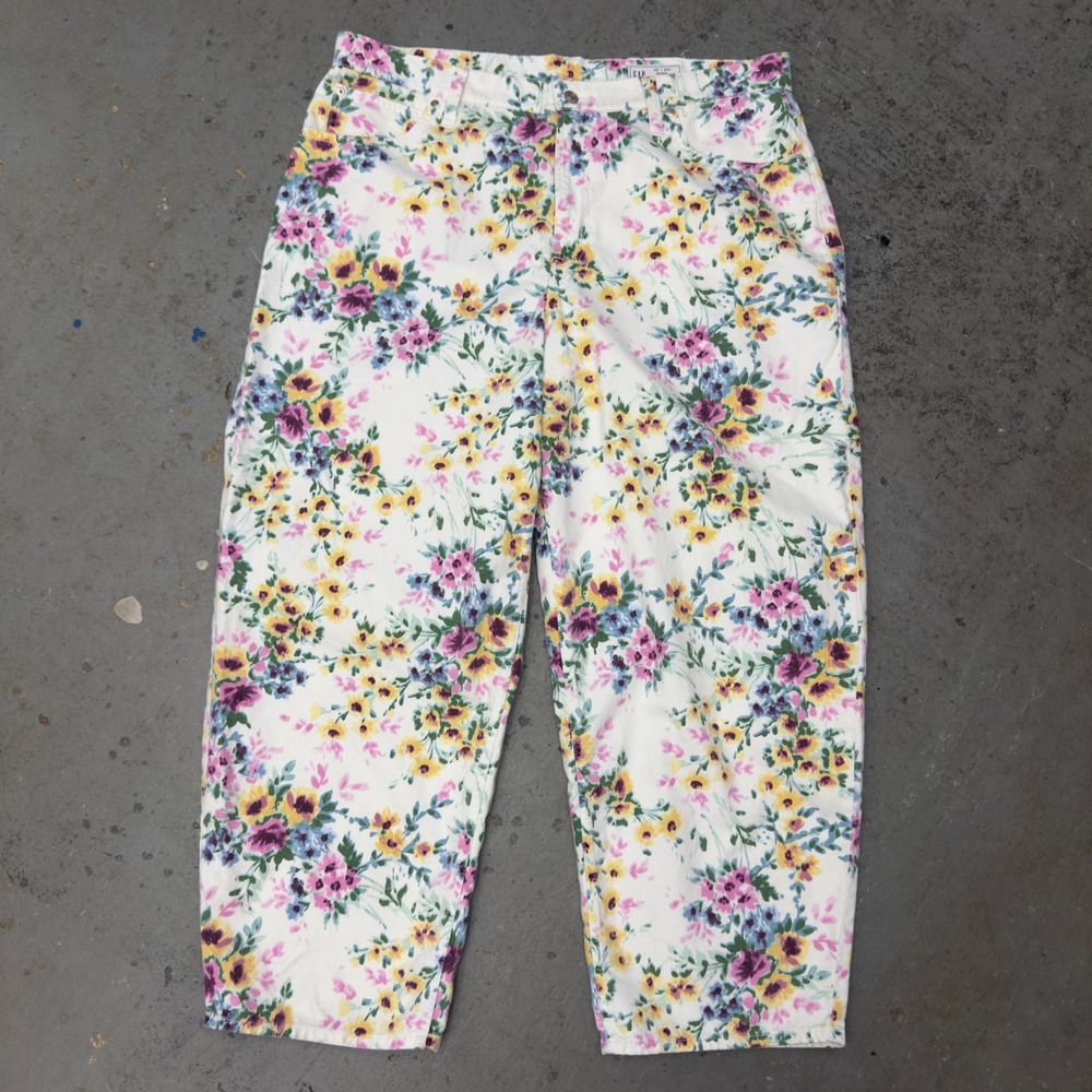 Gap Floral High Rise Barrel Jeans White Pink Yellow Blue Size 35 20R Regular